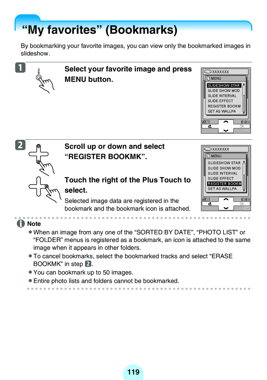 Toshiba MEG-F40 My favorites Bookmarks, Select your favorite image and press, Menu button, Scroll up or down and select 