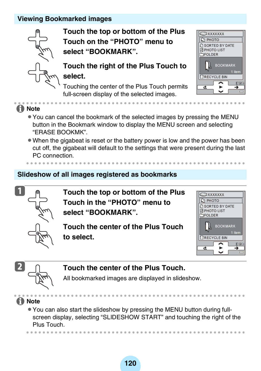 Toshiba MEG-F40, MEGF20K, MEGF10S, MEG-F20, MEGF10K, MEG-F60 owner manual Touch the center of the Plus Touch, 120 