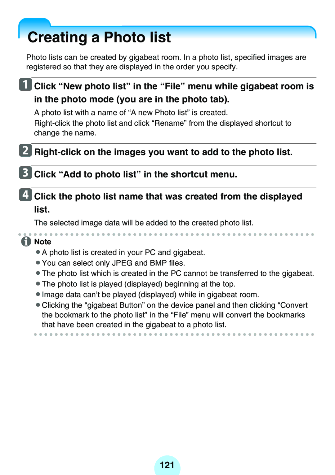 Toshiba MEGF20K, MEG-F40, MEGF10S, MEG-F20, MEGF10K, MEG-F60 owner manual Creating a Photo list, 121 