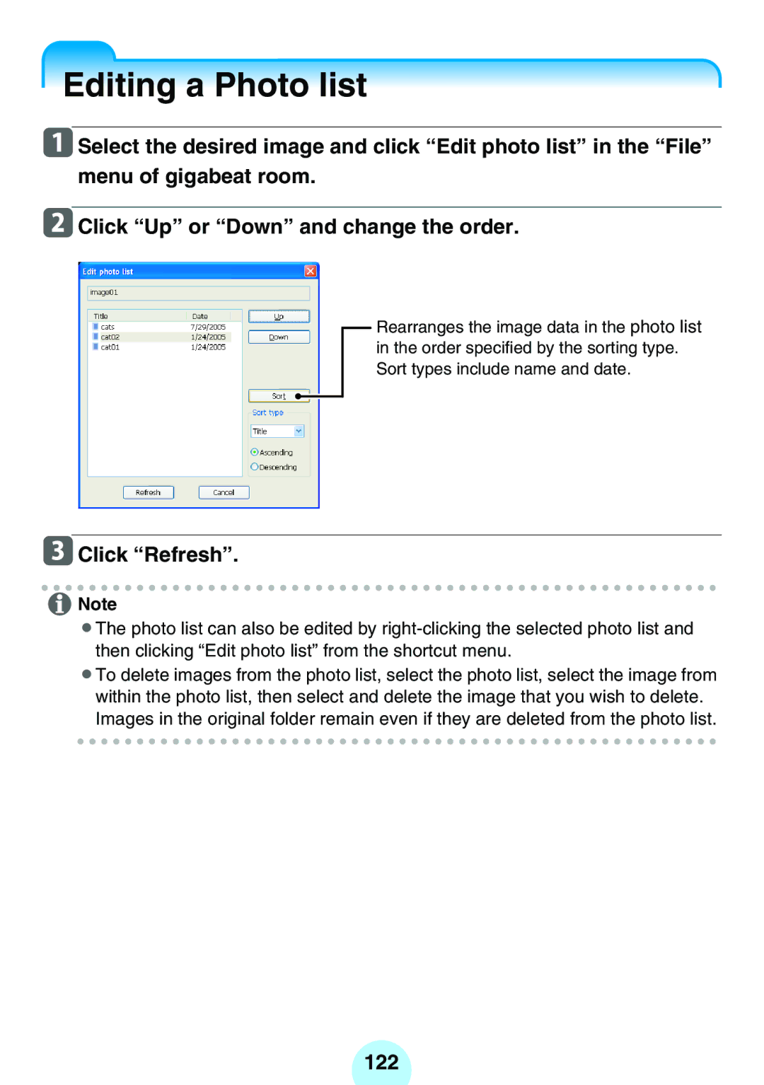 Toshiba MEGF10S, MEG-F40, MEGF20K, MEG-F20, MEGF10K, MEG-F60 owner manual Editing a Photo list, 122 