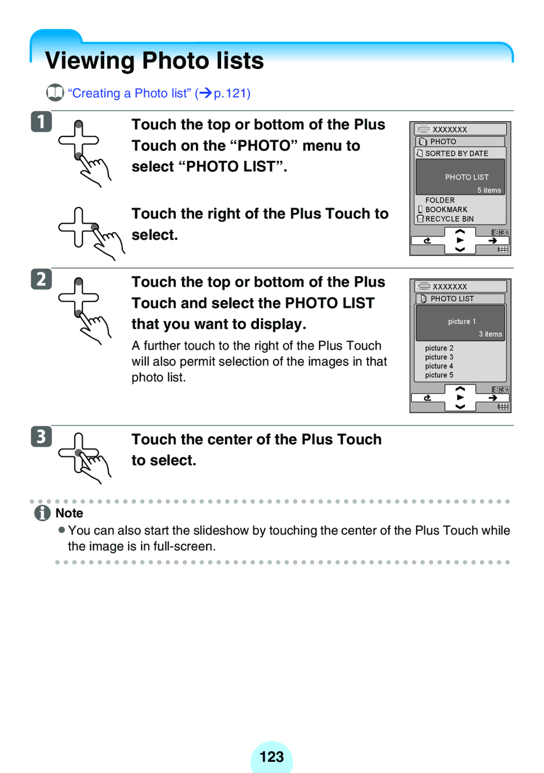 Toshiba MEG-F20, MEG-F40, MEGF20K, MEGF10S, MEGF10K, MEG-F60 owner manual Viewing Photo lists 