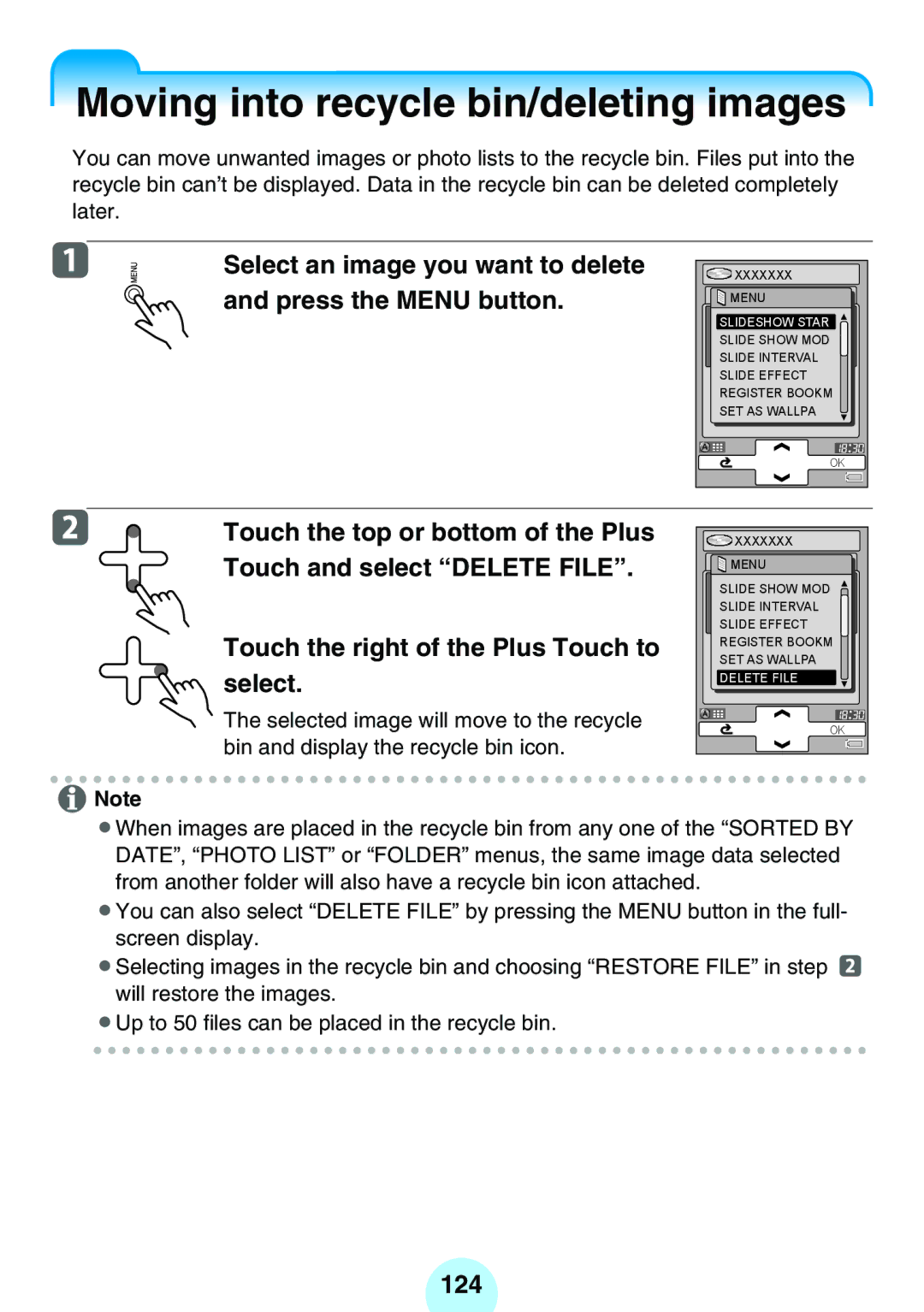 Toshiba MEGF10K, MEG-F40, MEGF20K, MEGF10S Moving into recycle bin/deleting images, Select an image you want to delete, 124 