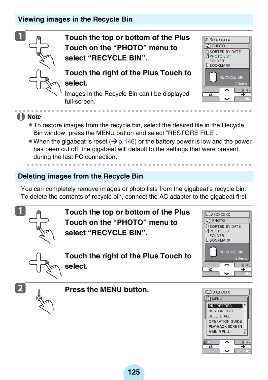 Toshiba MEG-F60, MEG-F40, MEGF10 Deleting images from the Recycle Bin, Select Press the Menu button, 125, Full-screen 