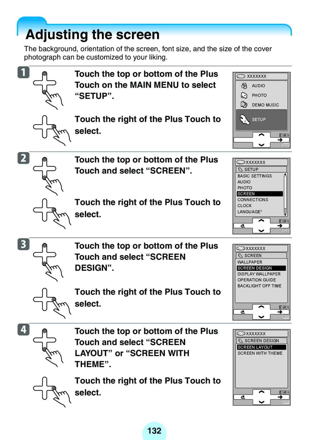 Toshiba MEG-F60, MEG-F40, MEGF20K, MEGF10S Adjusting the screen, Touch and select Screen, Layout or Screen with, 132 