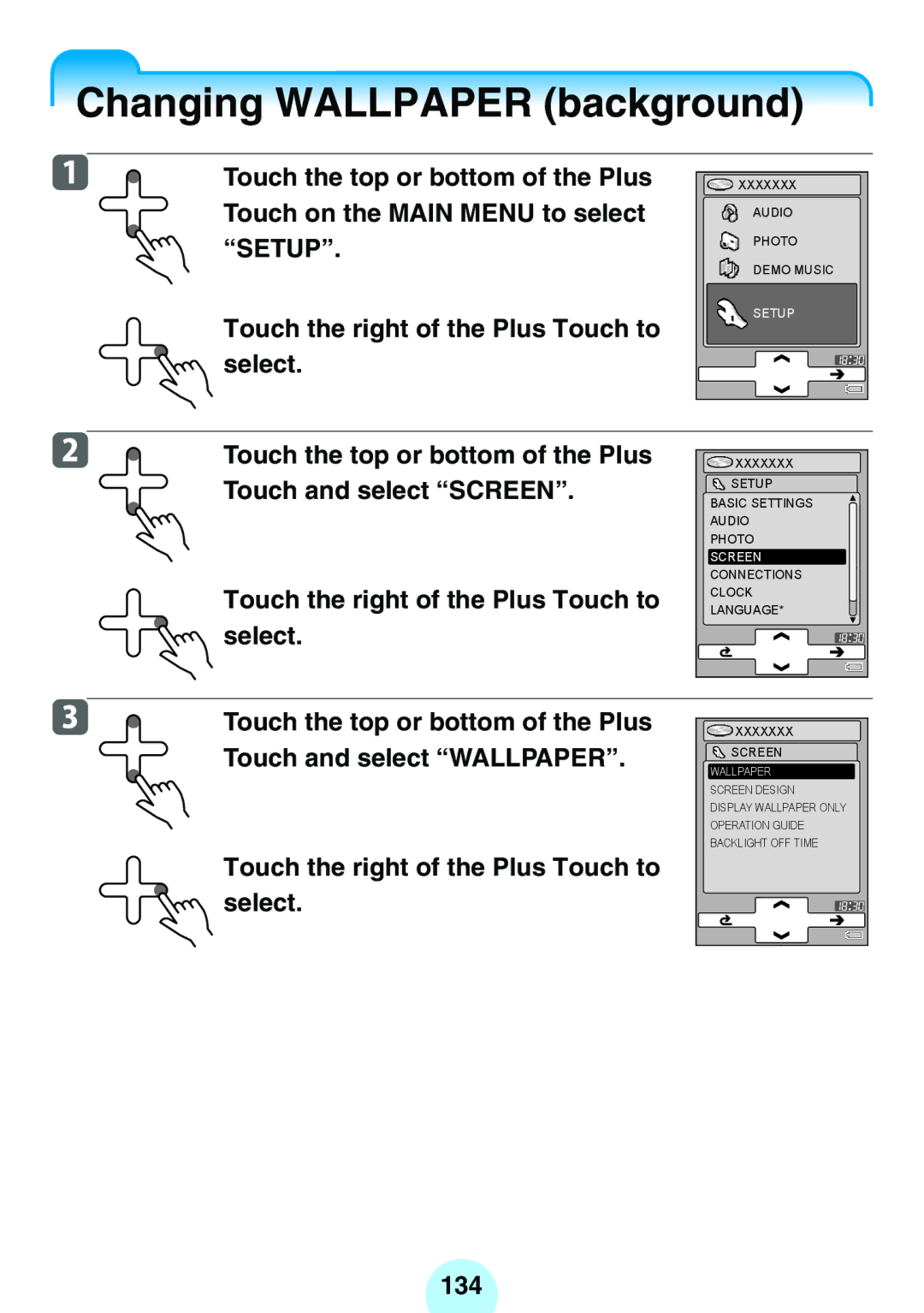 Toshiba MEGF10 Changing Wallpaper background, Touch and select Wallpaper, Touch the right of the Plus Touch to Select 134 