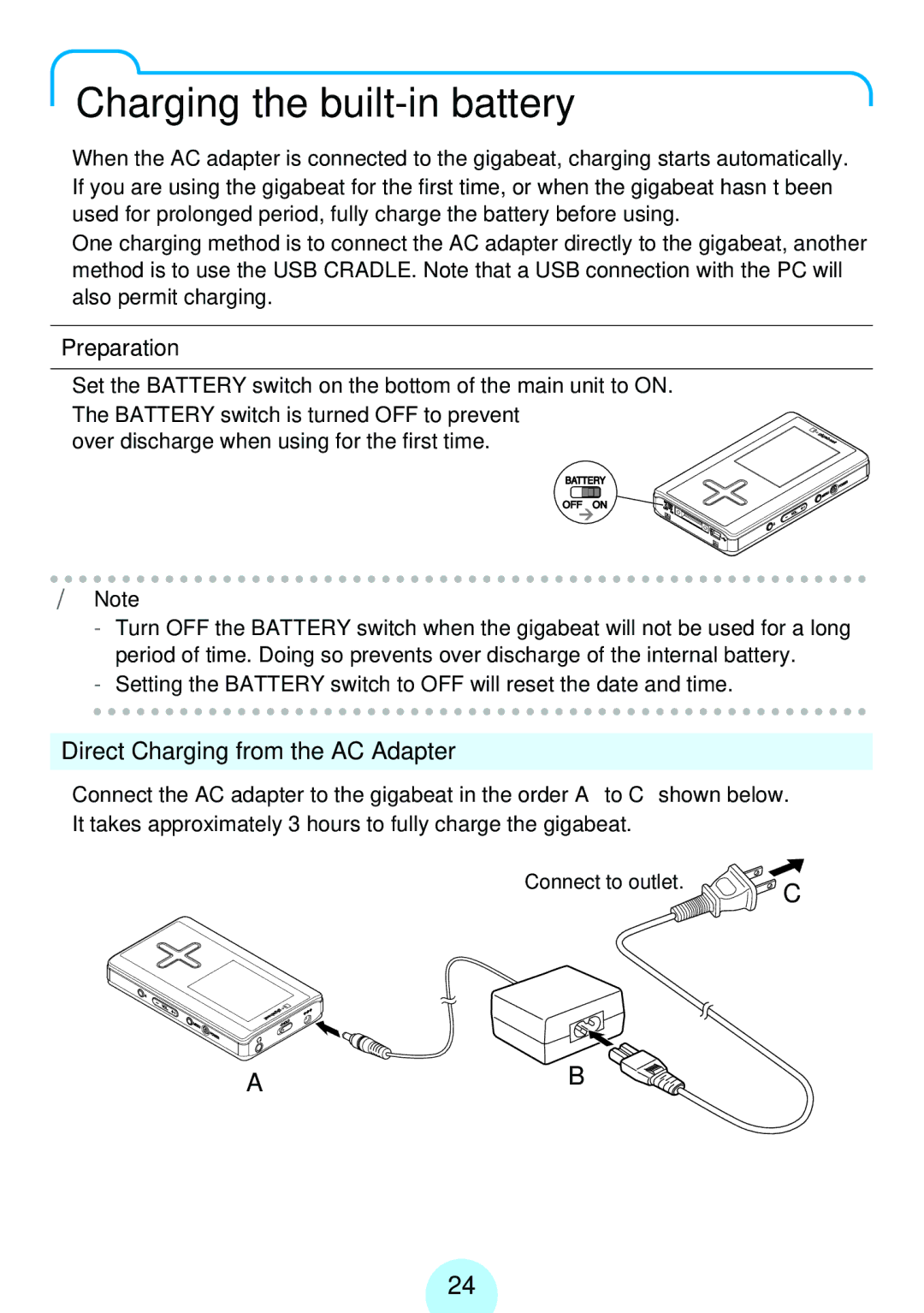 Toshiba MEGF10S, MEG-F40, MEGF20K, MEG-F20 Charging the built-in battery, Direct Charging from the AC Adapter, Preparation 