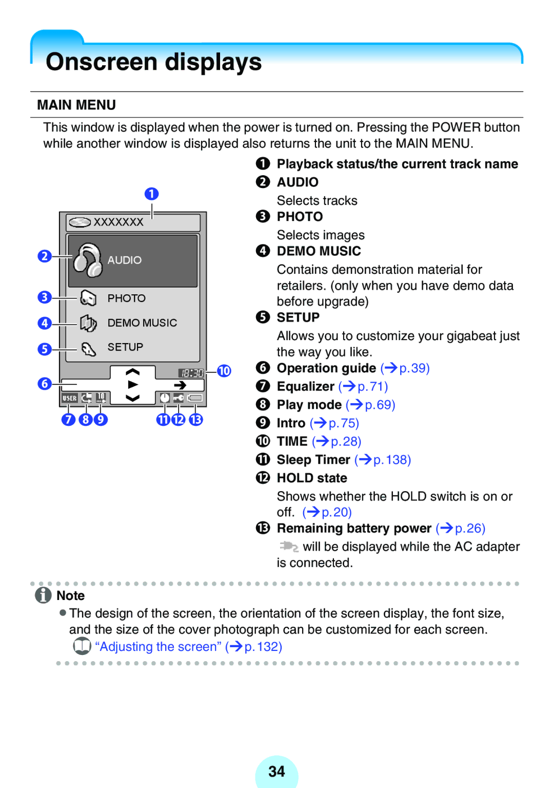 Toshiba MEG-F60 Onscreen displays, Playback status/the current track name b Audio, Setup, Sleep Timer p.138 l Hold state 