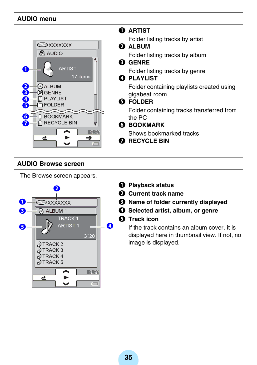 Toshiba MEG-F40, MEGF20K, MEGF10S, MEG-F20, MEGF10K, MEG-F60 owner manual Audio menu, Audio Browse screen 