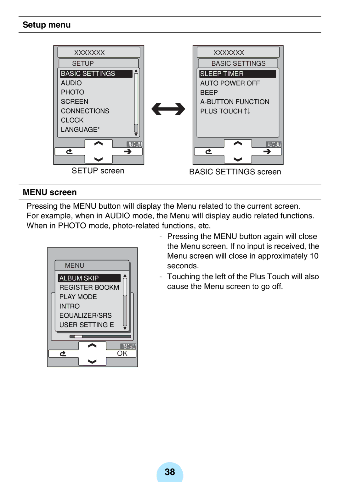 Toshiba MEGF10S, MEG-F40, MEGF20K, MEG-F20, MEGF10K, MEG-F60 owner manual Setup menu, Menu screen 