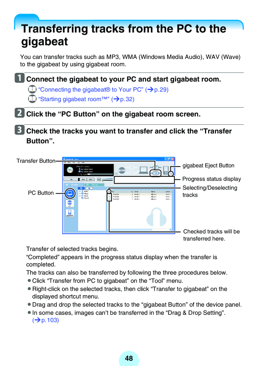 Toshiba MEG-F60 Transferring tracks from the PC to the gigabeat, Connect the gigabeat to your PC and start gigabeat room 