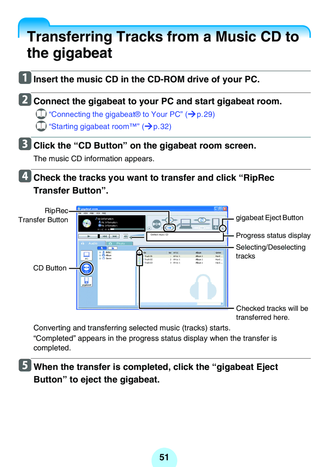 Toshiba MEGF20K Transferring Tracks from a Music CD to the gigabeat, Click the CD Button on the gigabeat room screen 