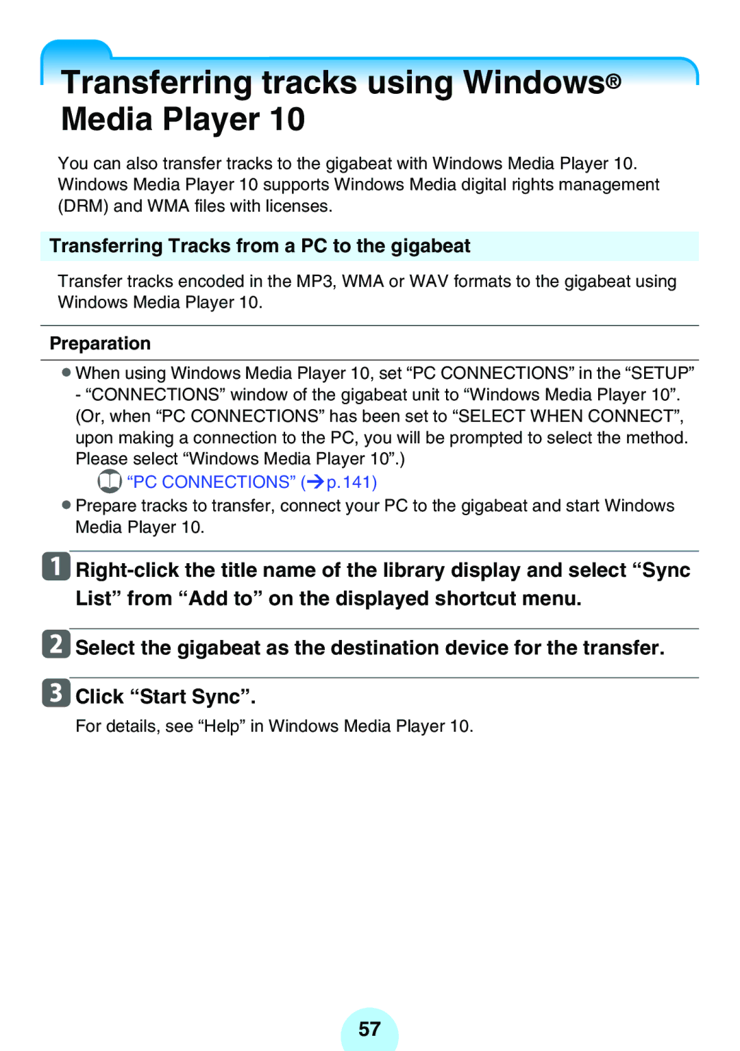 Toshiba MEGF10, MEG-F40 Transferring tracks using Windows Media Player, Transferring Tracks from a PC to the gigabeat 