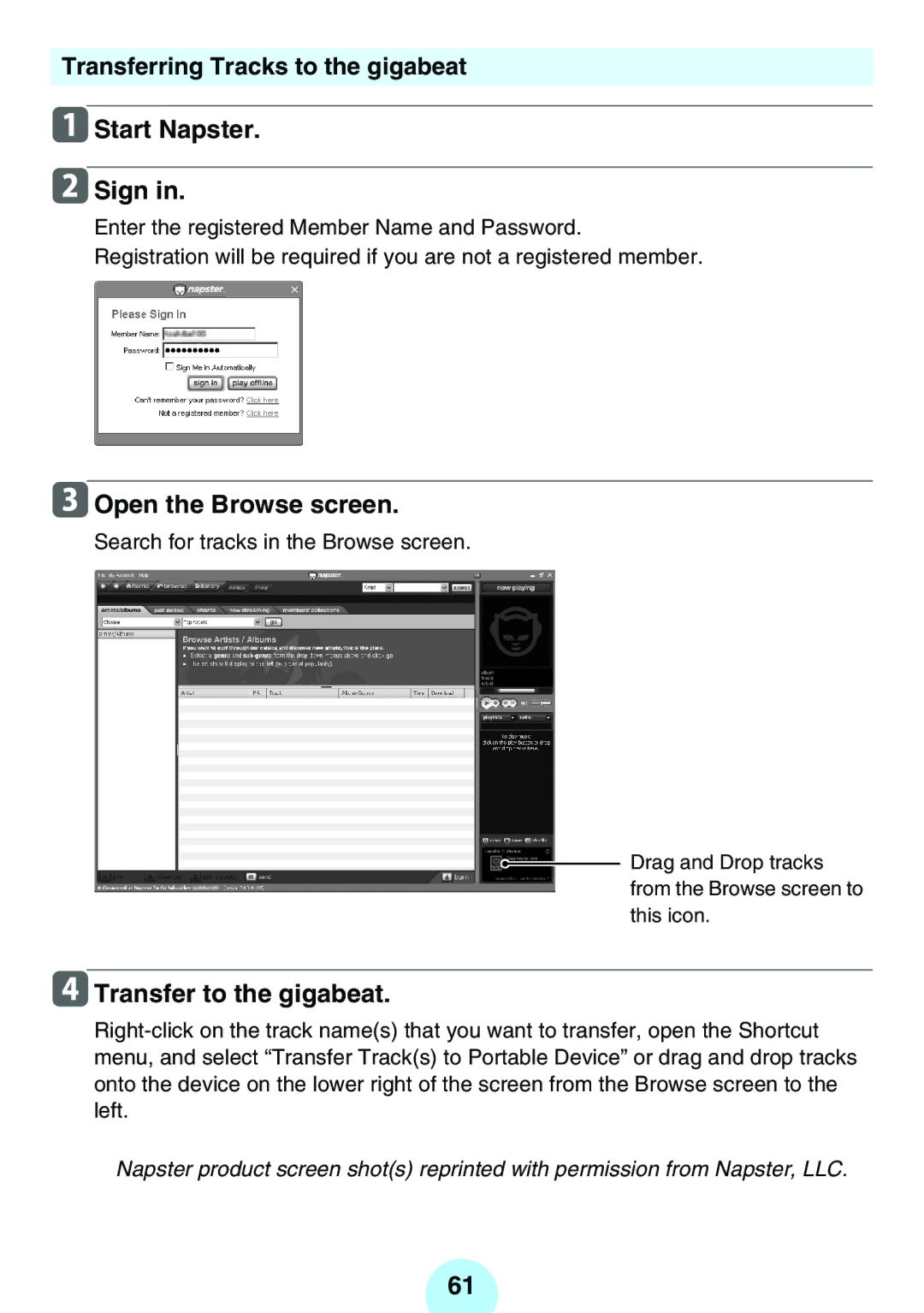 Toshiba MEGF10K Transferring Tracks to the gigabeat Start Napster Sign, Open the Browse screen, Transfer to the gigabeat 