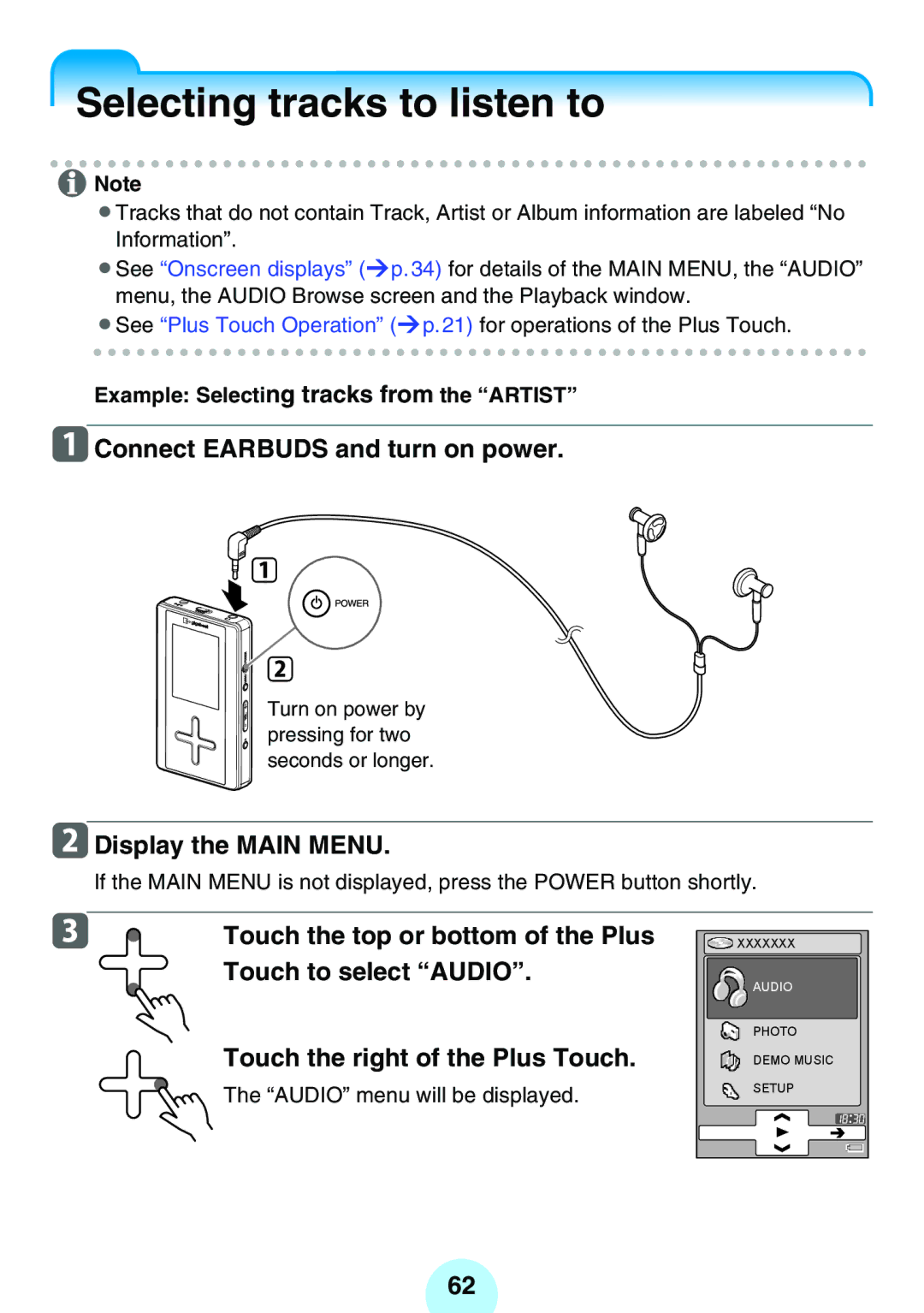 Toshiba MEG-F60, MEG-F40, MEGF20K, MEGF10S, MEG-F20, MEGF10K owner manual Selecting tracks to listen to 