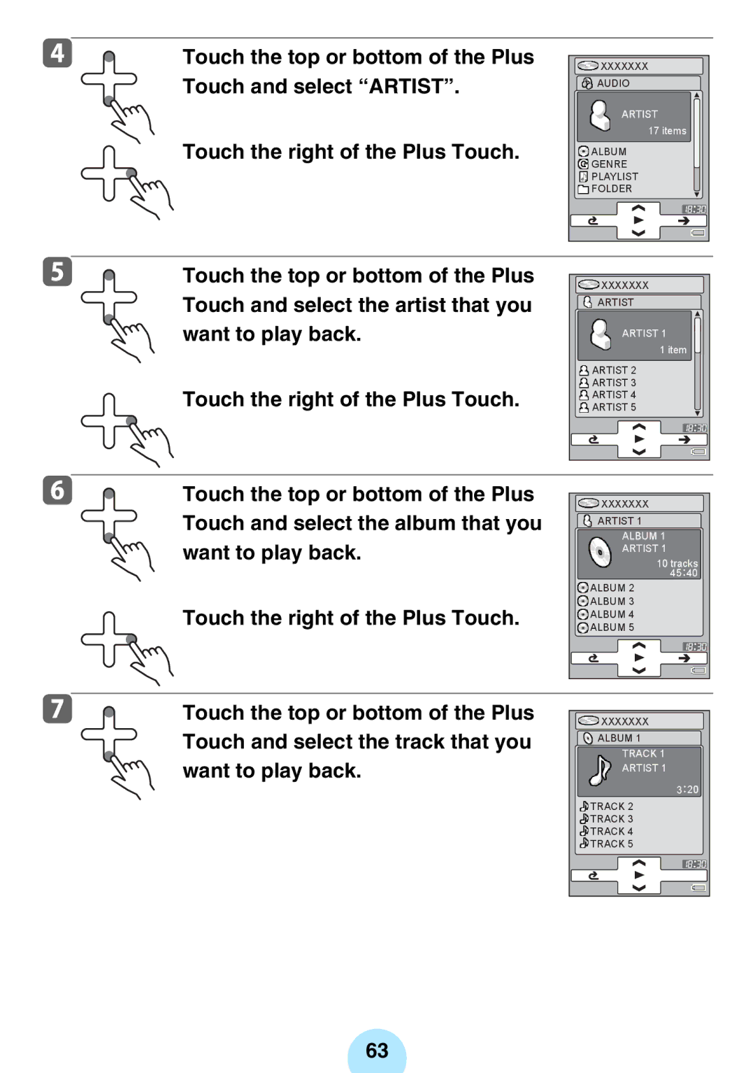 Toshiba MEG-F40, MEGF20K, MEGF10S Touch and select Artist, Touch and select the artist that you, Want to play back 