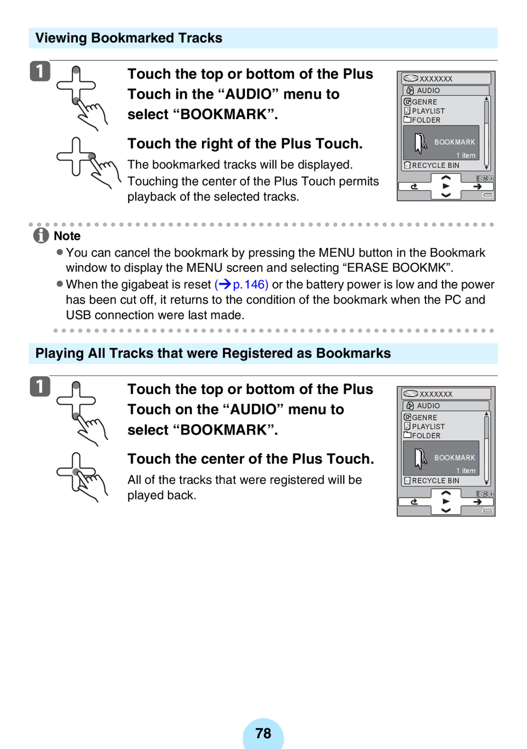 Toshiba MEGF10, MEG-F40 Bookmarked tracks will be displayed, Touching the center of the Plus Touch permits, Played back 