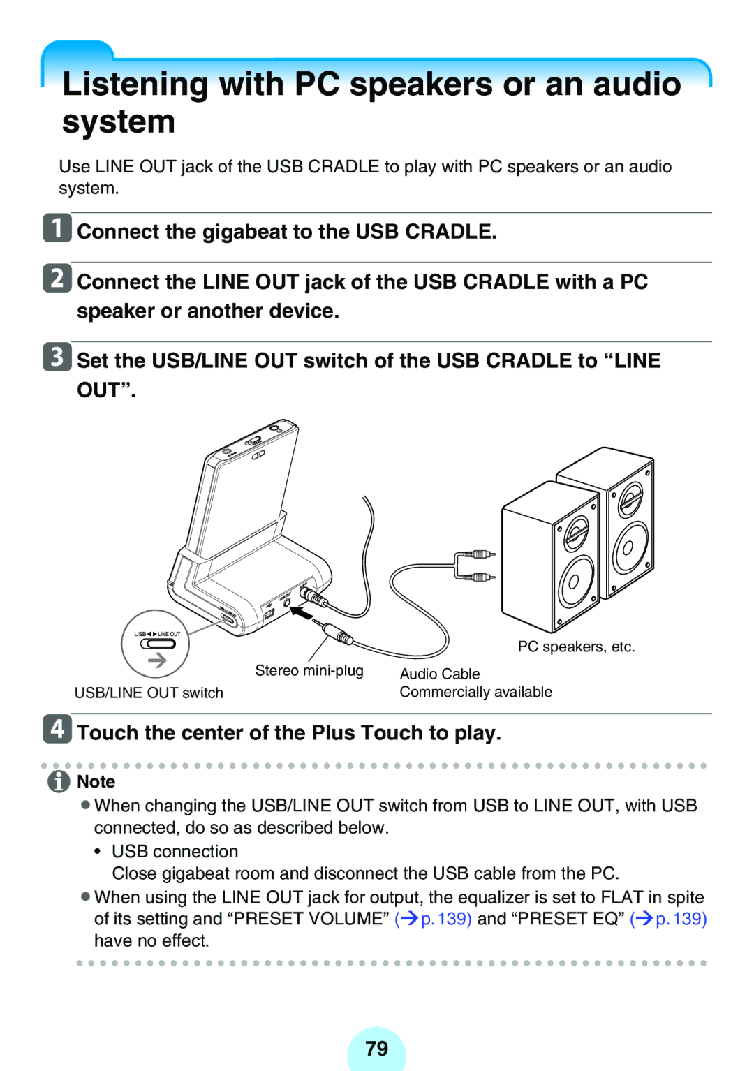 Toshiba MEGF20K, MEG-F40, MEGF10 Listening with PC speakers or an audio system, Touch the center of the Plus Touch to play 