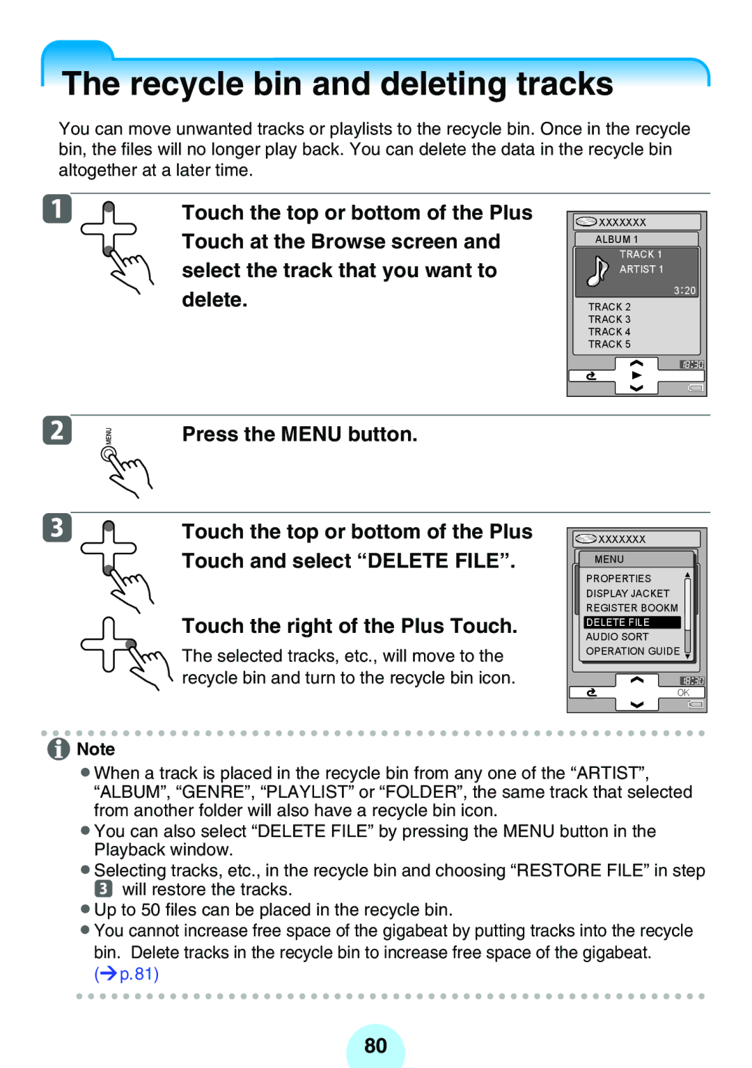 Toshiba MEGF10S Recycle bin and deleting tracks, Touch at the Browse screen, Delete, Selected tracks, etc., will move to 