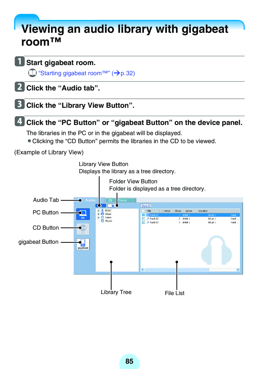 Toshiba MEG-F40, MEGF20K, MEGF10S, MEG-F20, MEGF10K Viewing an audio library with gigabeat room, Start gigabeat room 