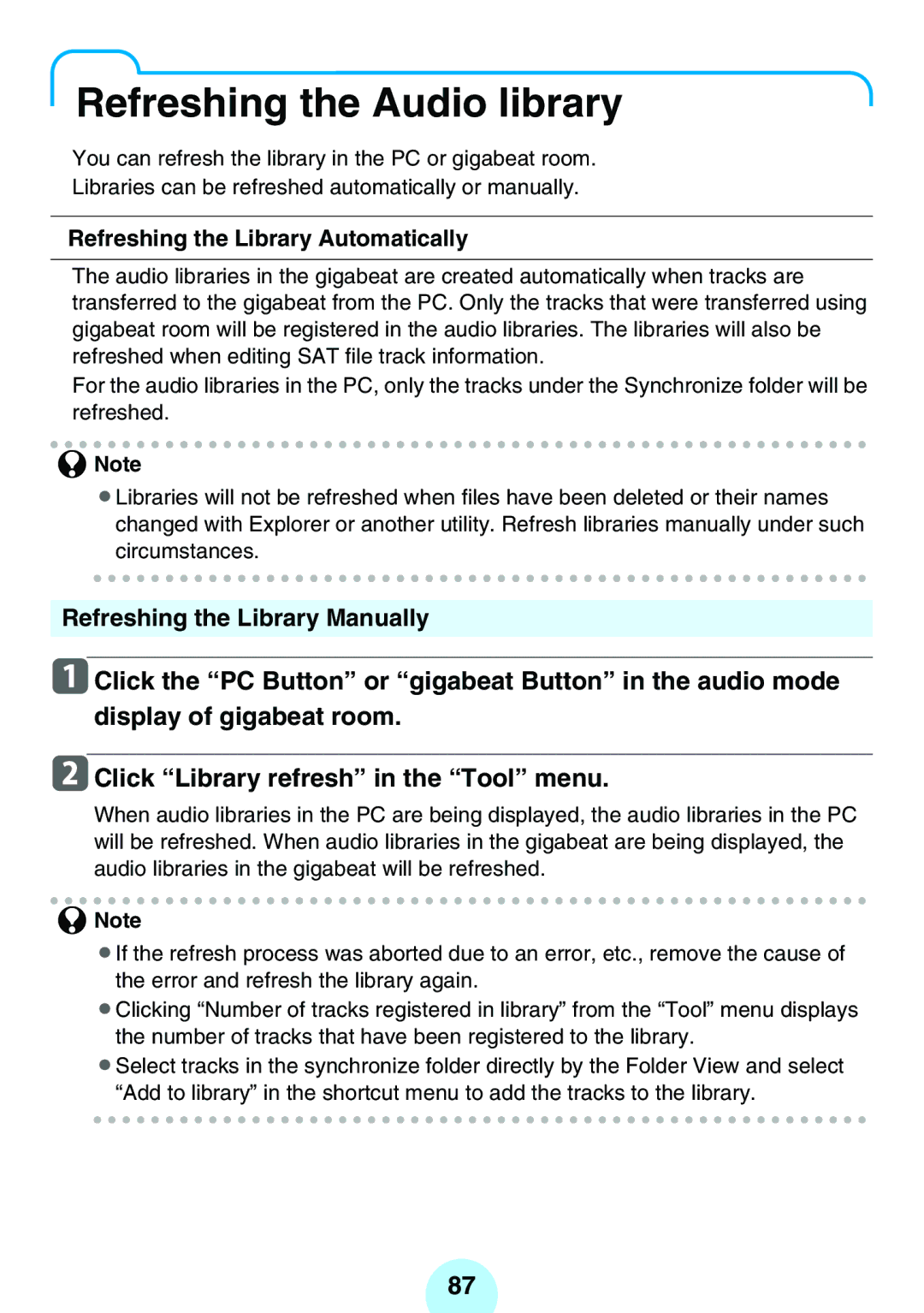 Toshiba MEGF10S, MEG-F40, MEGF20K, MEG-F20, MEGF10K Refreshing the Audio library, Refreshing the Library Automatically 