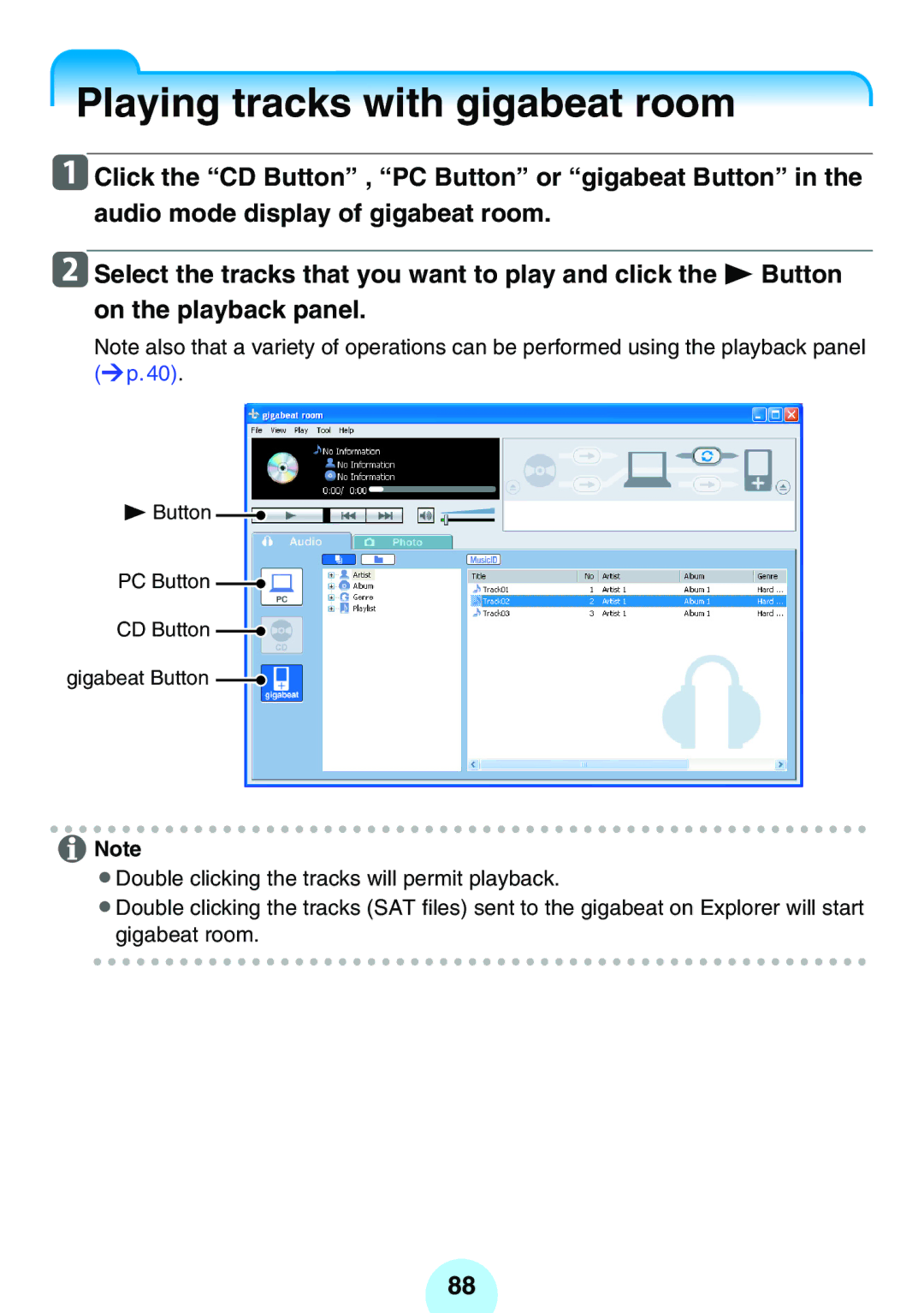 Toshiba MEG-F20, MEG-F40, MEGF20K, MEGF10S, MEGF10K, MEG-F60 owner manual Playing tracks with gigabeat room 