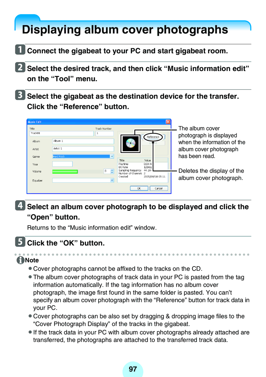 Toshiba MEG-F60, MEG-F40, MEGF20K, MEGF10S, MEG-F20, MEGF10K Displaying album cover photographs, Click the OK button 