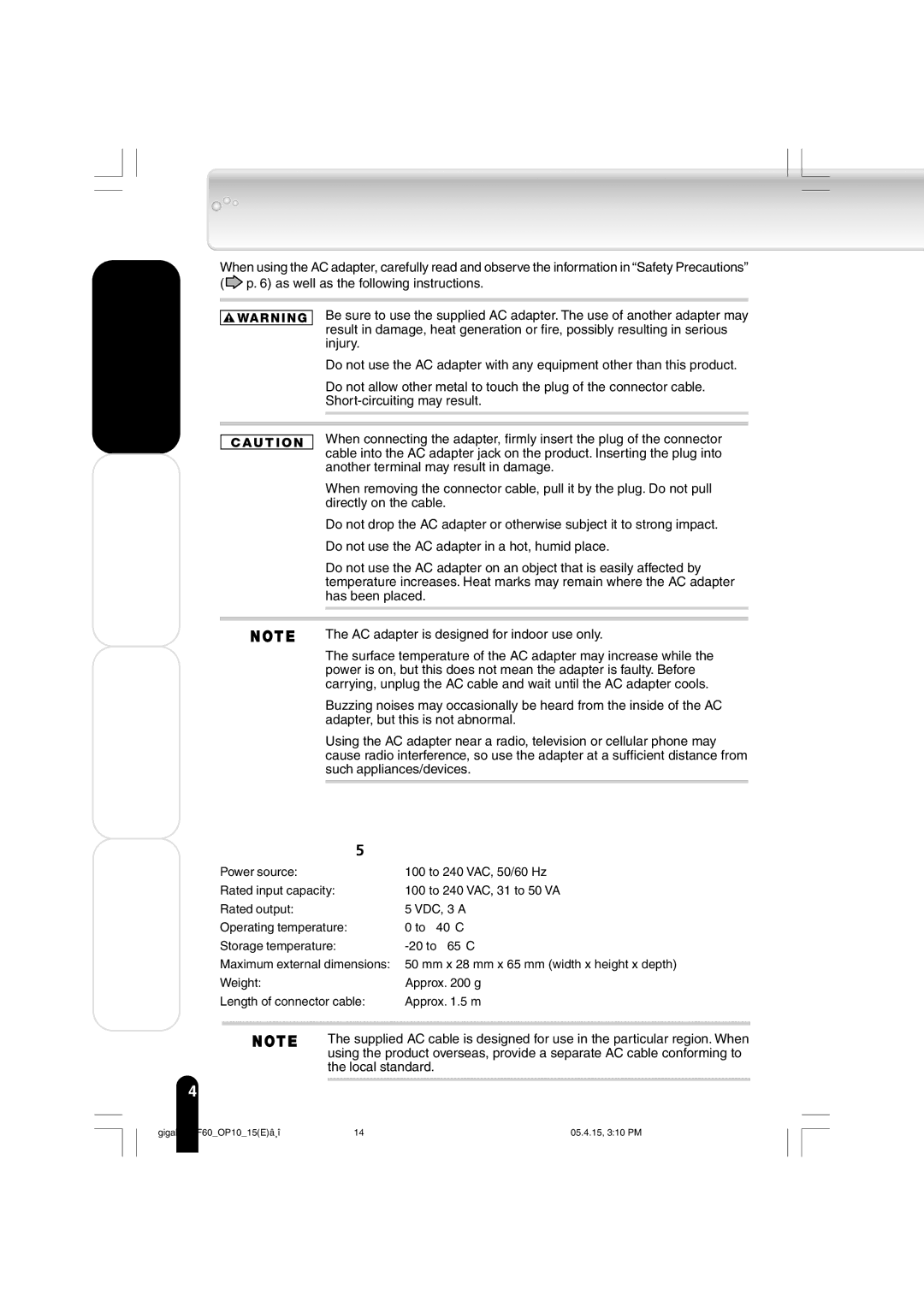 Toshiba MEGF60 owner manual AC Adapter, Specifications, AC adapter ADP-15HH 