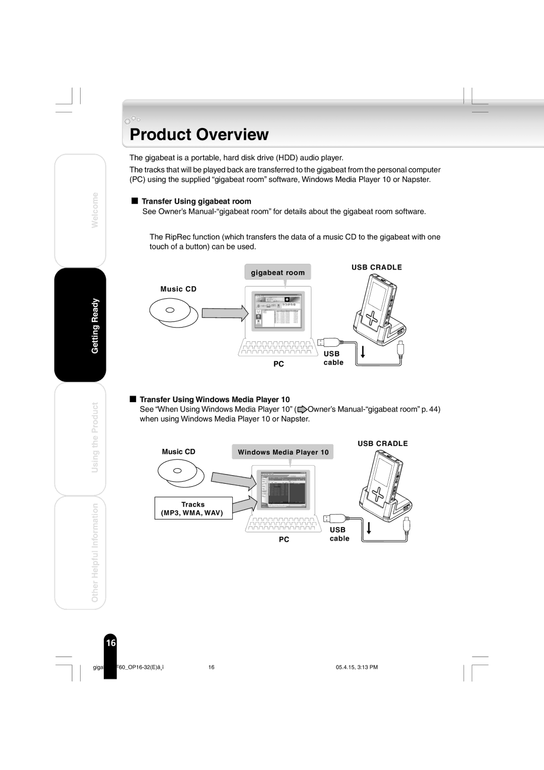 Toshiba MEGF60 owner manual Product Overview, Transfer Using gigabeat room, Music CD, Transfer Using Windows Media Player 