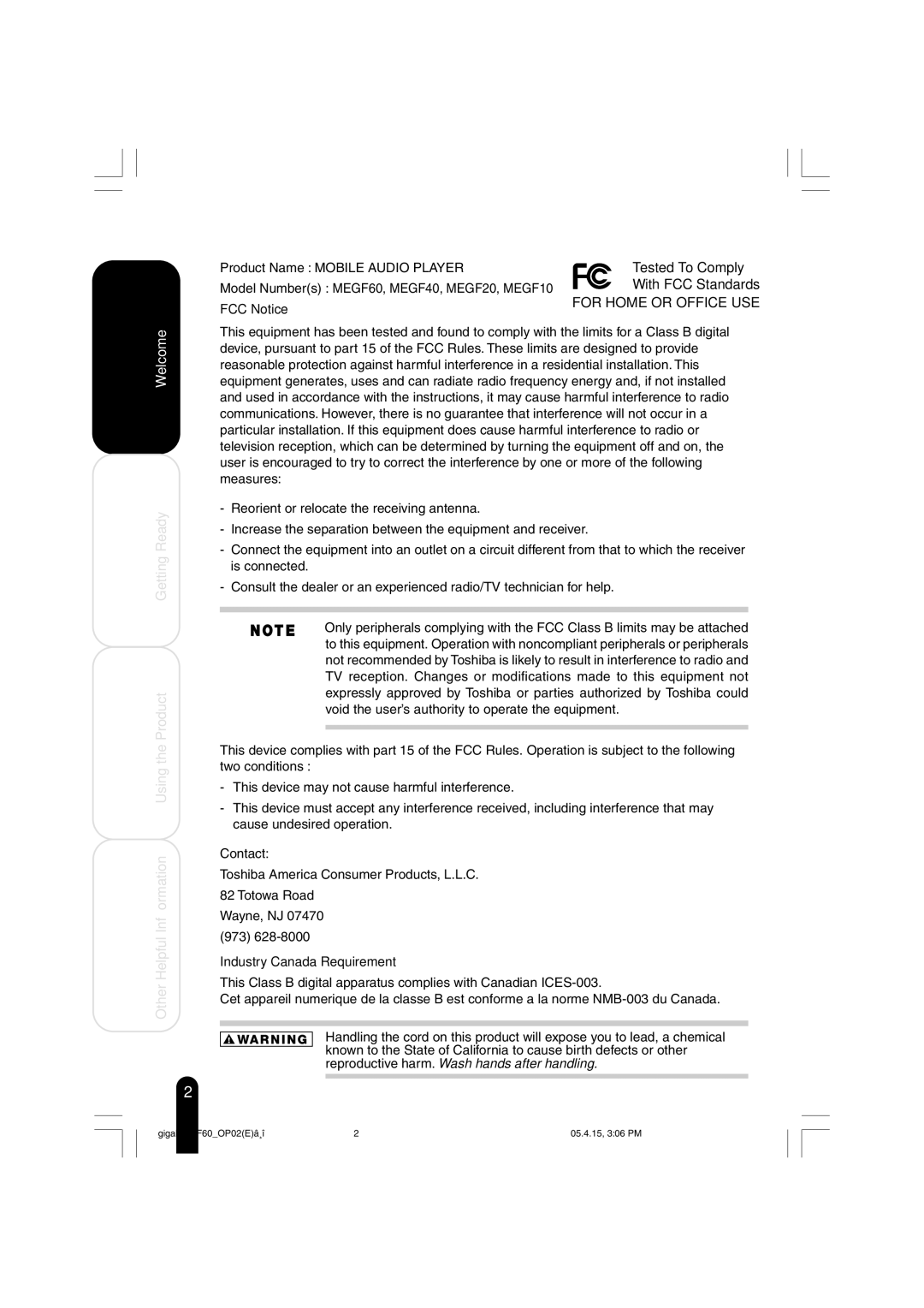 Toshiba MEGF60 owner manual FCC Notice, Industry Canada Requirement 