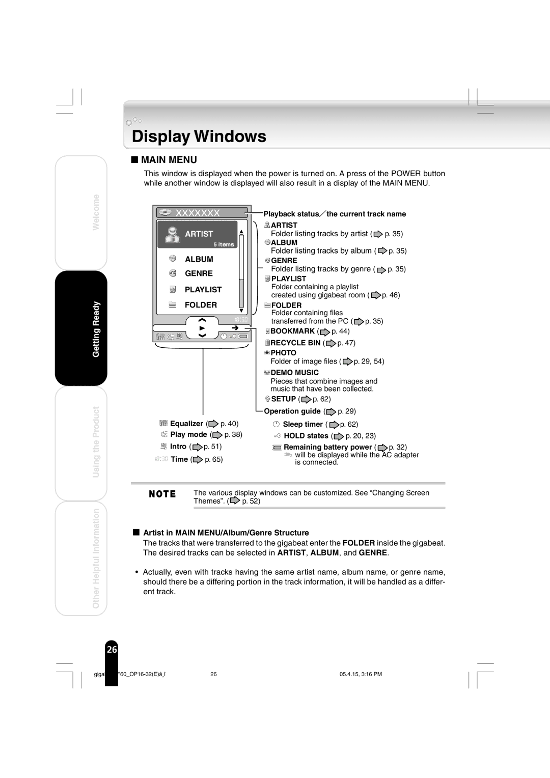 Toshiba MEGF60 owner manual Display Windows, Playback status／the current track name, Bookmark p Recycle BIN p 