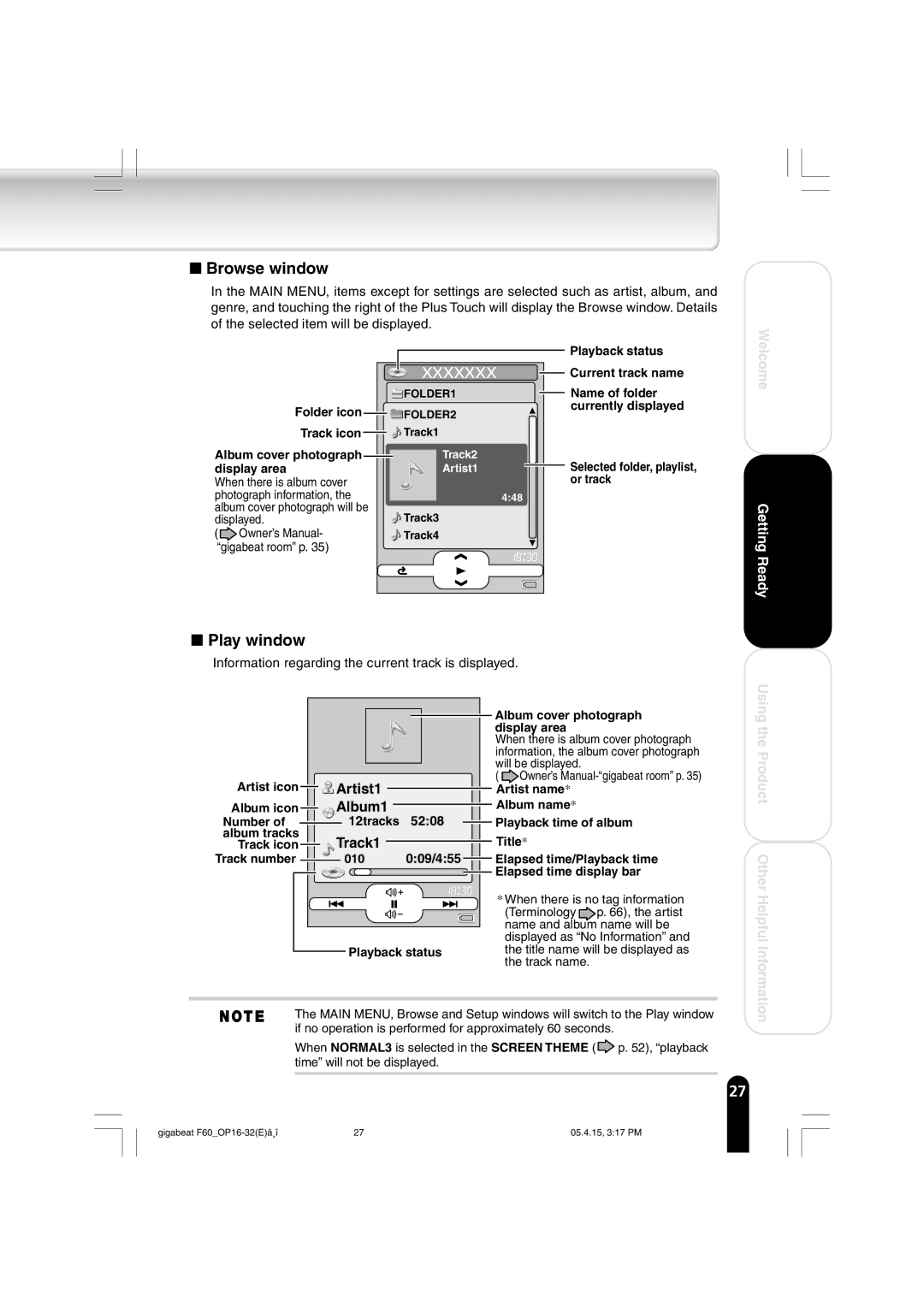 Toshiba MEGF60 Folder icon, Track icon, Display area, When there is album cover Photograph information, Displayed, Title 