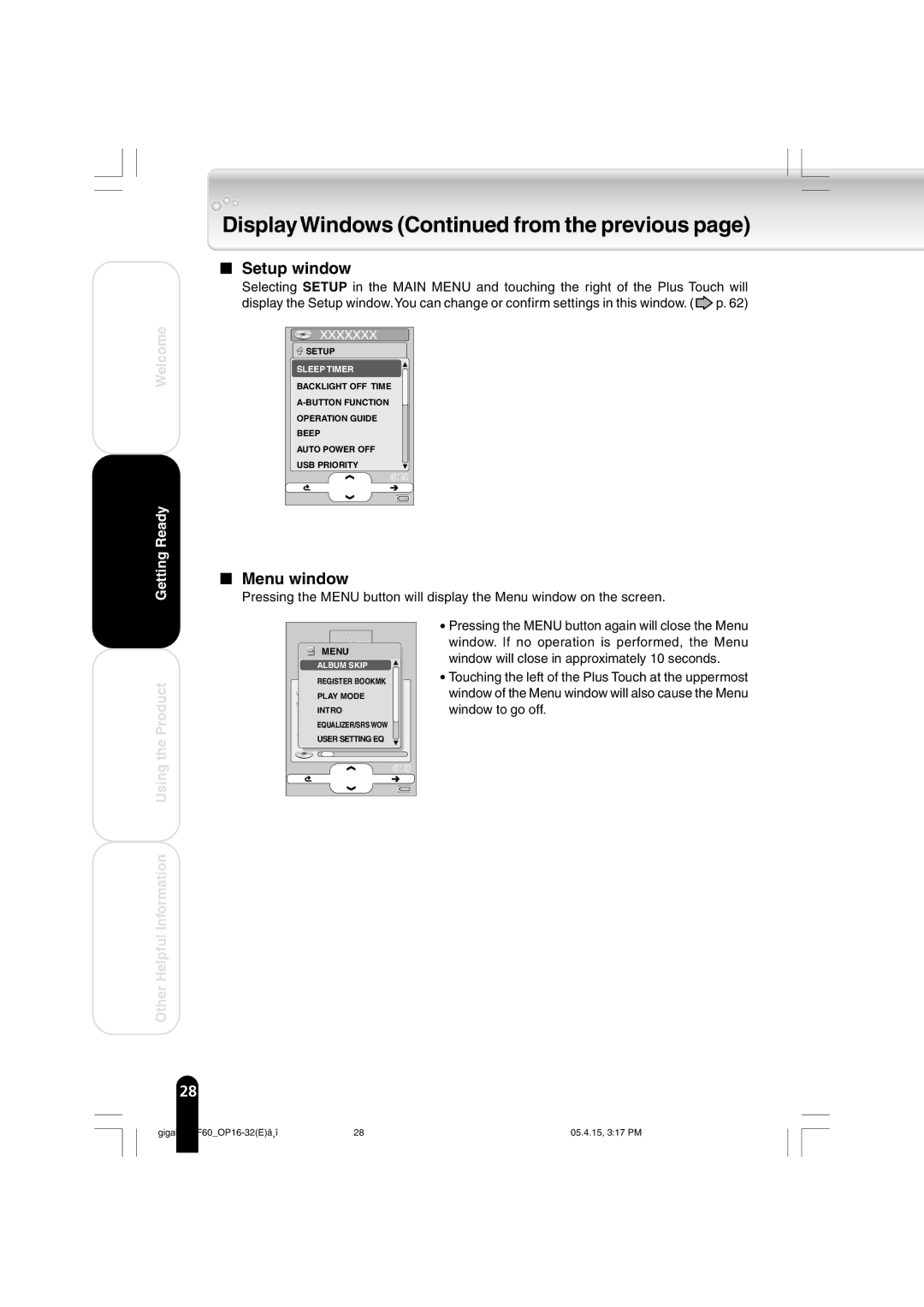 Toshiba MEGF60 owner manual Display Windows from the previous, Setup window 