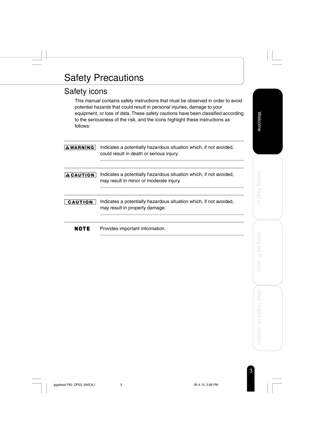 Toshiba MEGF60 owner manual Safety Precautions, Safety icons 