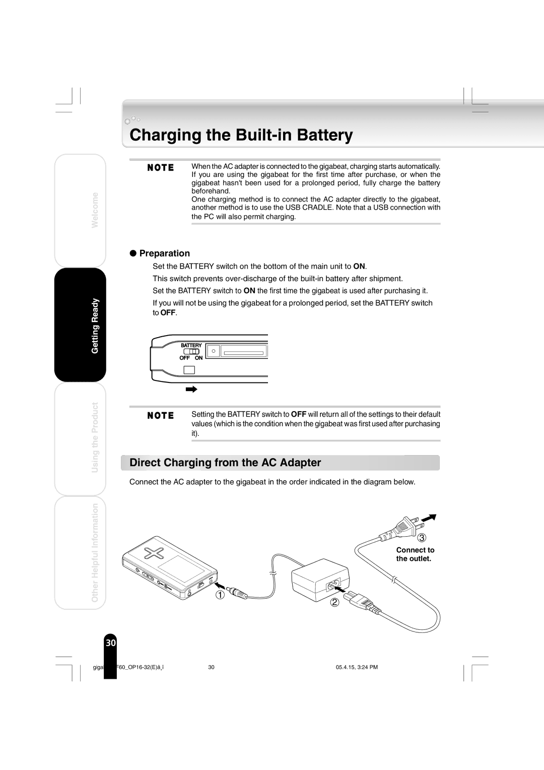 Toshiba MEGF60 Charging the Built-in Battery, Direct Charging from the AC Adapter, Preparation, Connect to the outlet 