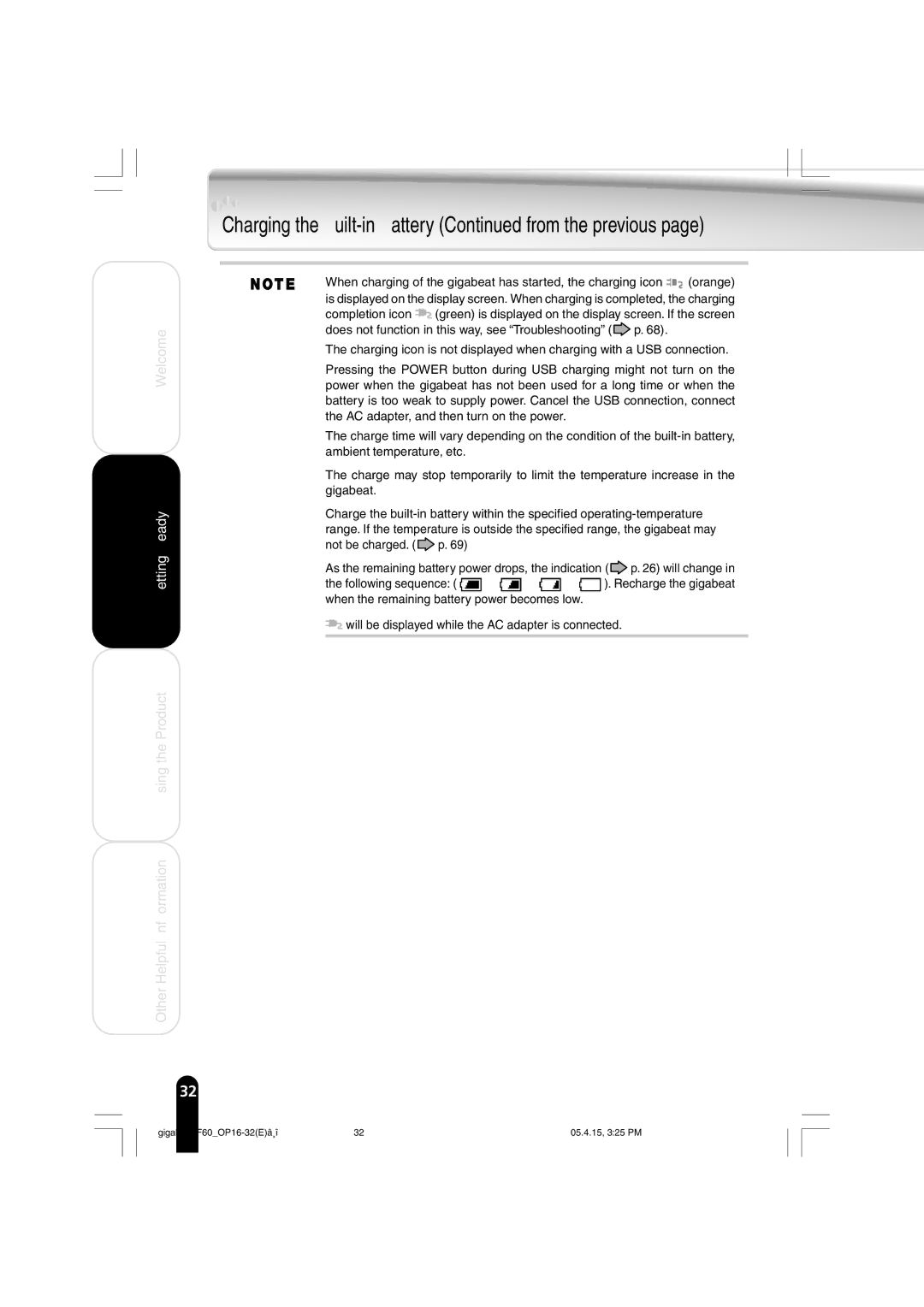 Toshiba MEGF60 owner manual Charging the Built-in Battery from the previous 