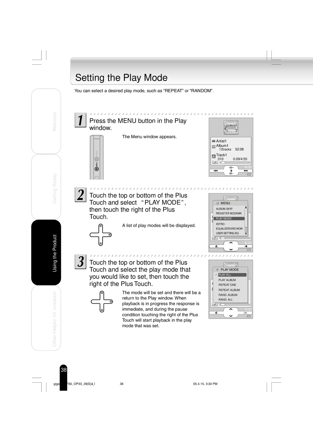 Toshiba MEGF60 owner manual Setting the Play Mode, Press the Menu button in the Play window 