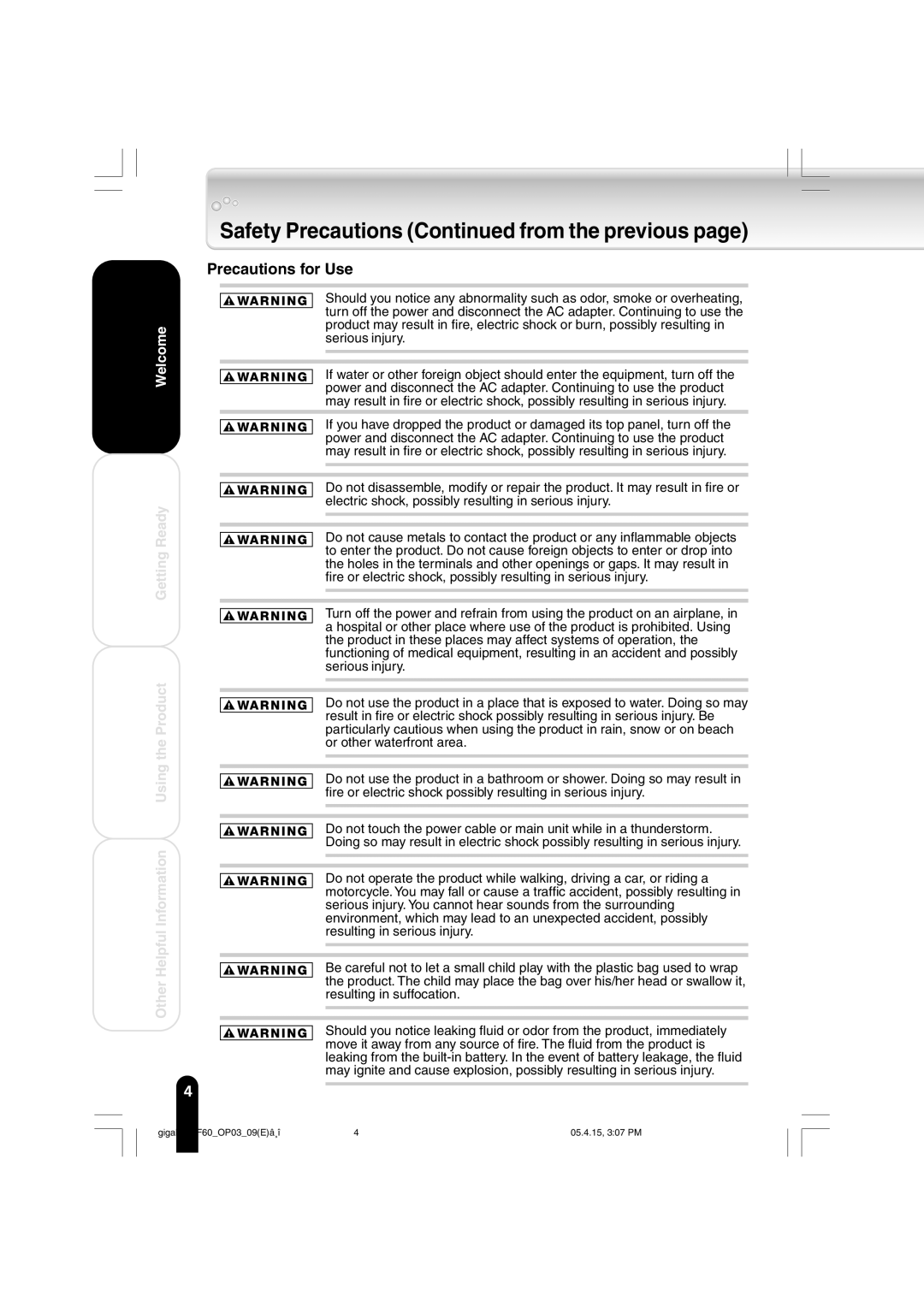 Toshiba MEGF60 owner manual Safety Precautions from the previous, Precautions for Use 