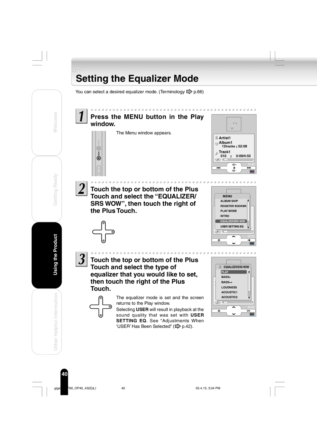 Toshiba MEGF60 owner manual Setting the Equalizer Mode 