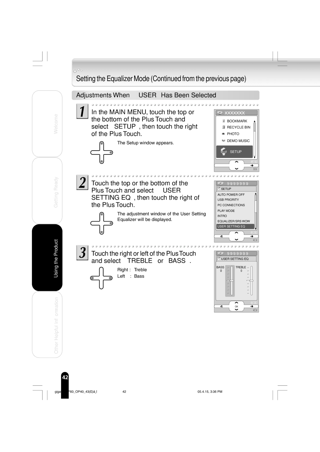 Toshiba MEGF60 owner manual Setting the Equalizer Mode from the previous, Adjustments When User Has Been Selected 