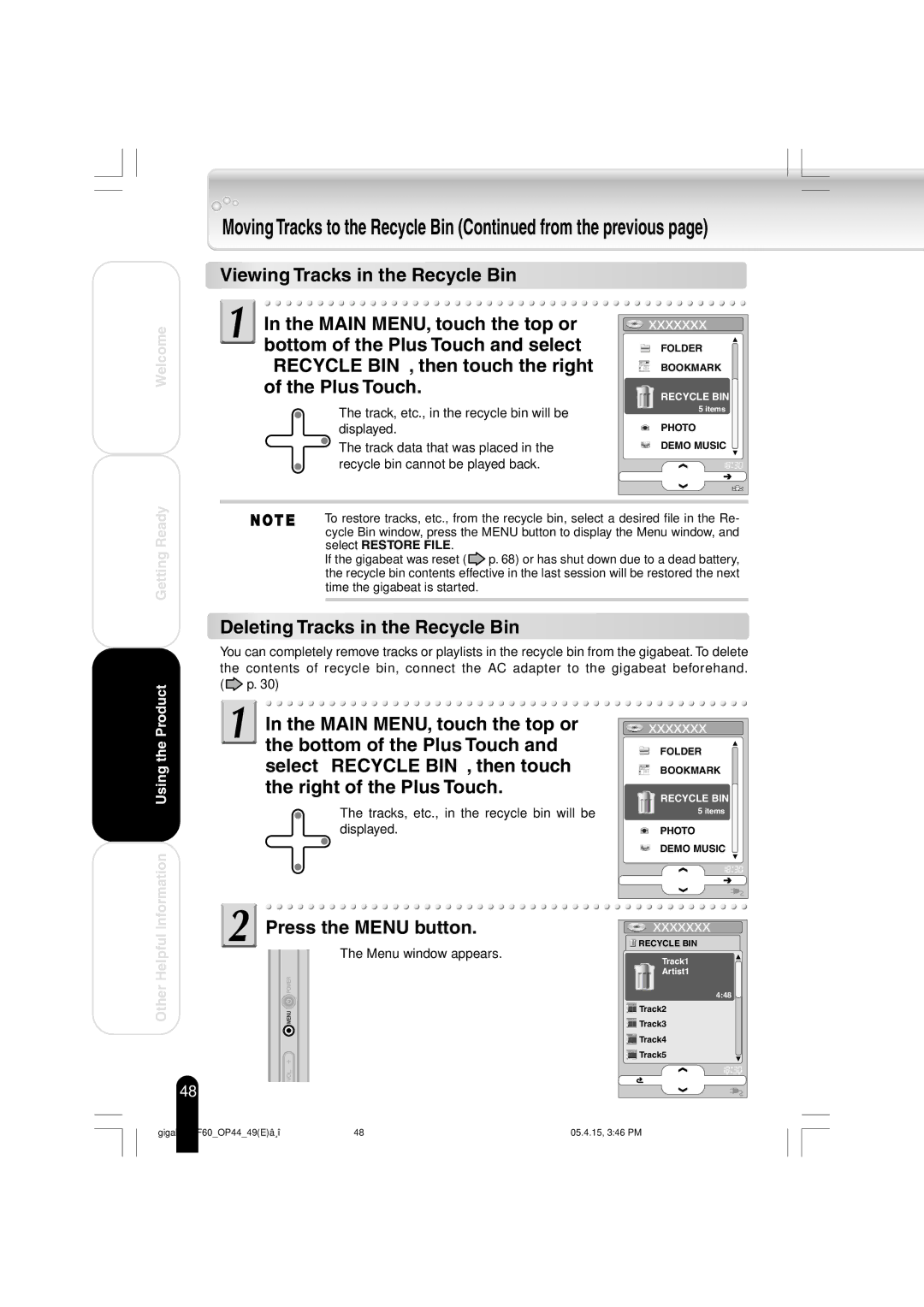 Toshiba MEGF60 owner manual Viewing Tracks in the Recycle Bin, Deleting Tracks in the Recycle Bin 