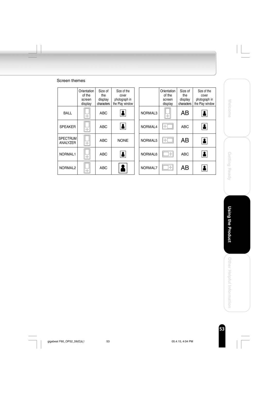 Toshiba MEGF60 owner manual Screen themes 