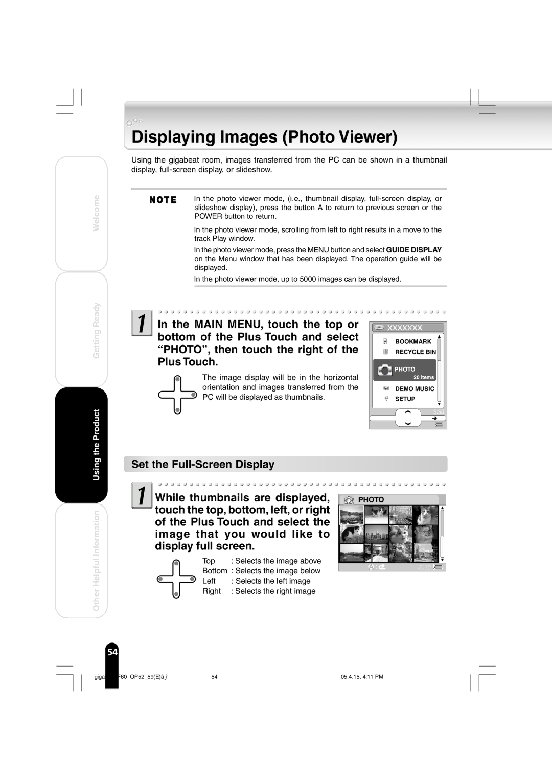 Toshiba MEGF60 owner manual Displaying Images Photo Viewer, Set the Full-Screen Display While thumbnails are displayed 