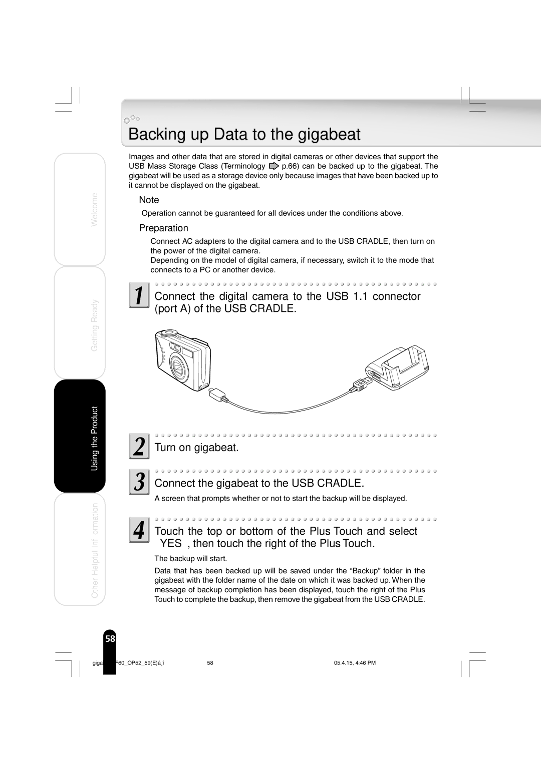 Toshiba MEGF60 owner manual Backing up Data to the gigabeat 