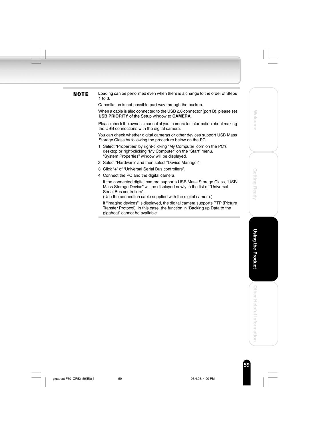 Toshiba MEGF60 owner manual Gigabeat F60OP5259Eâ¸î 05.4.28, 400 PM 