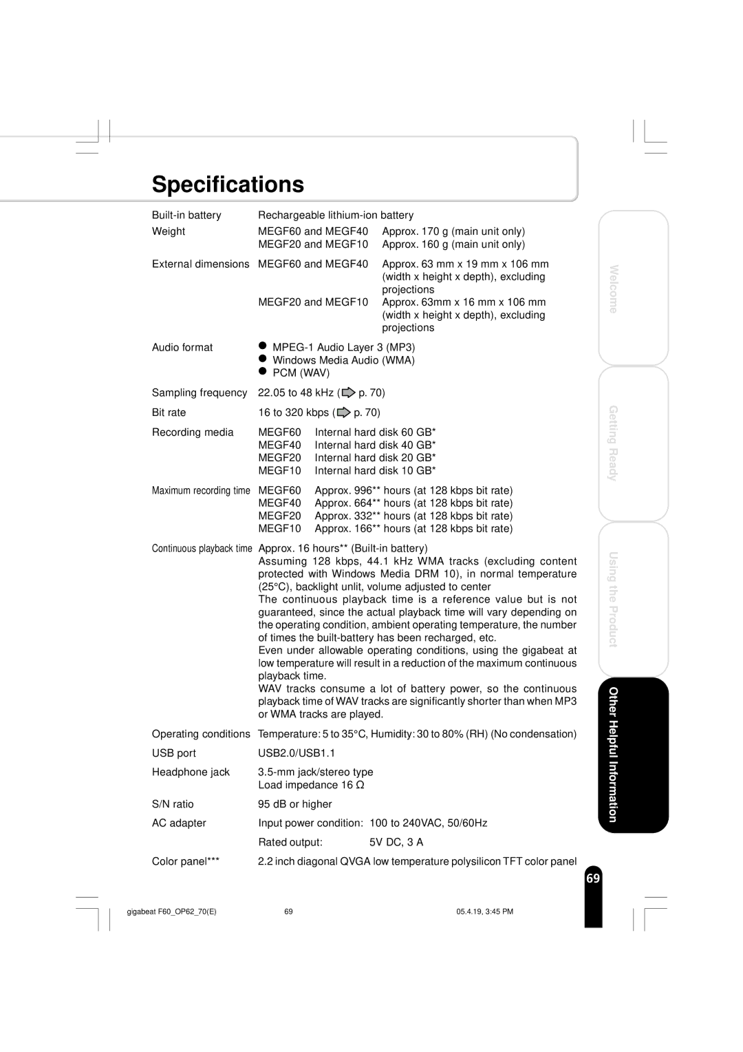 Toshiba MEGF60 owner manual Specifications 