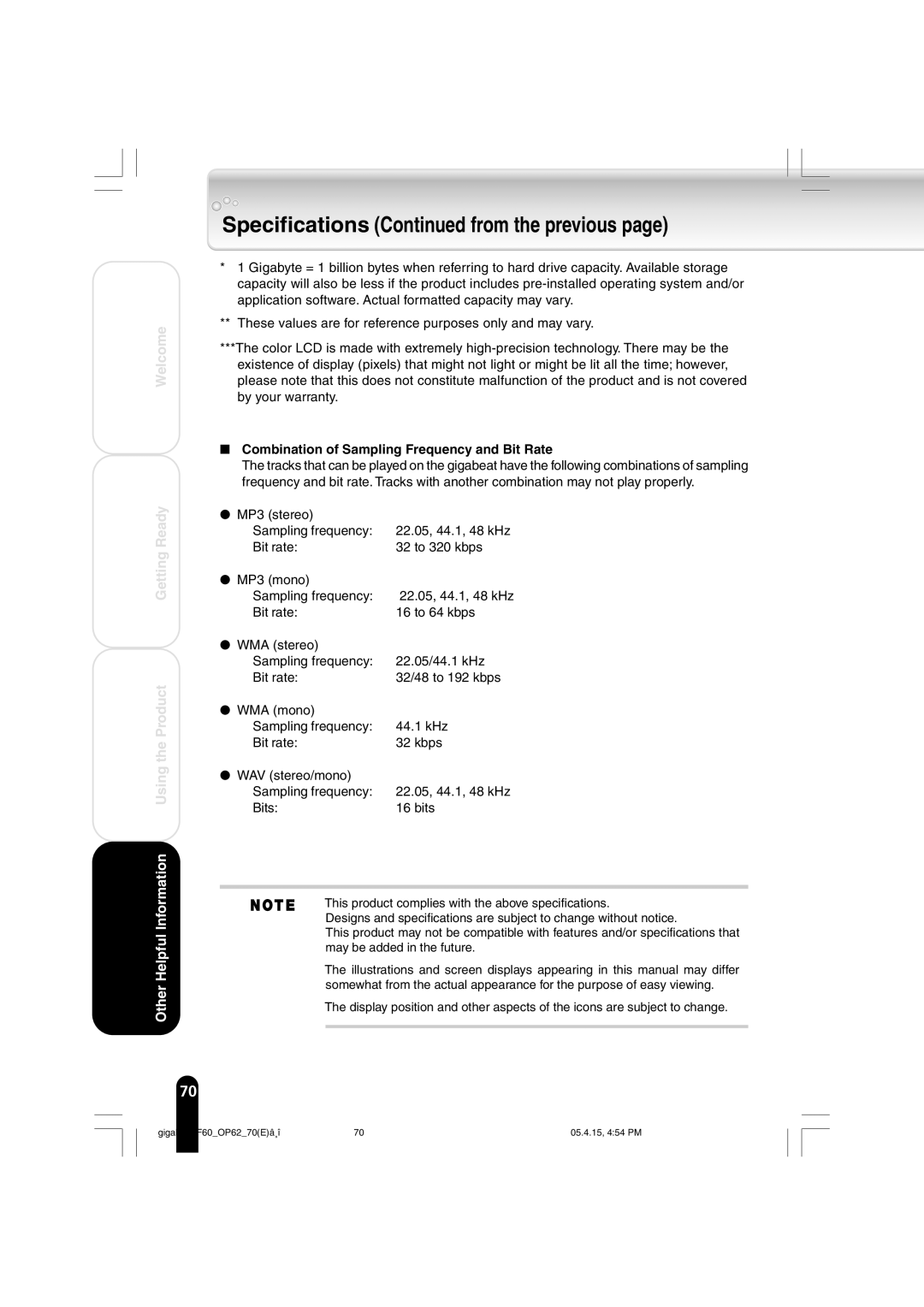 Toshiba MEGF60 owner manual Specifications from the previous, Combination of Sampling Frequency and Bit Rate 