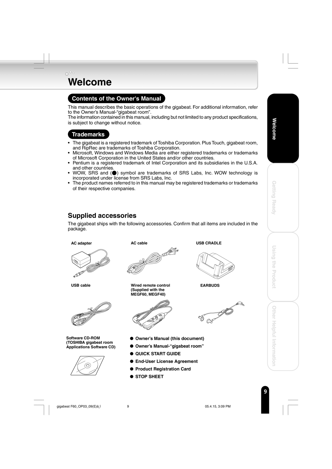 Toshiba MEGF60 owner manual Welcome, Supplied accessories, End-User License Agreement Product Registration Card 