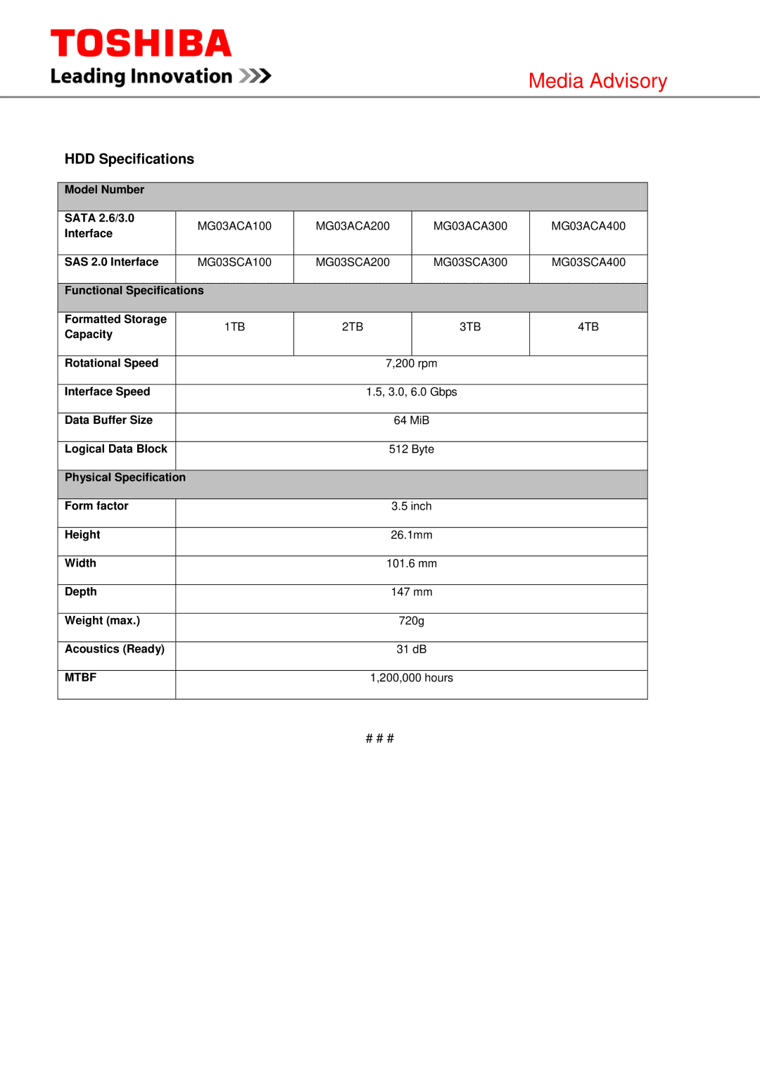 Toshiba MG03ACA300, PX02SMF040 manual HDD Specifications, 1TB 2TB 3TB 4TB, Width, Weight max, Acoustics Ready 31 dB 