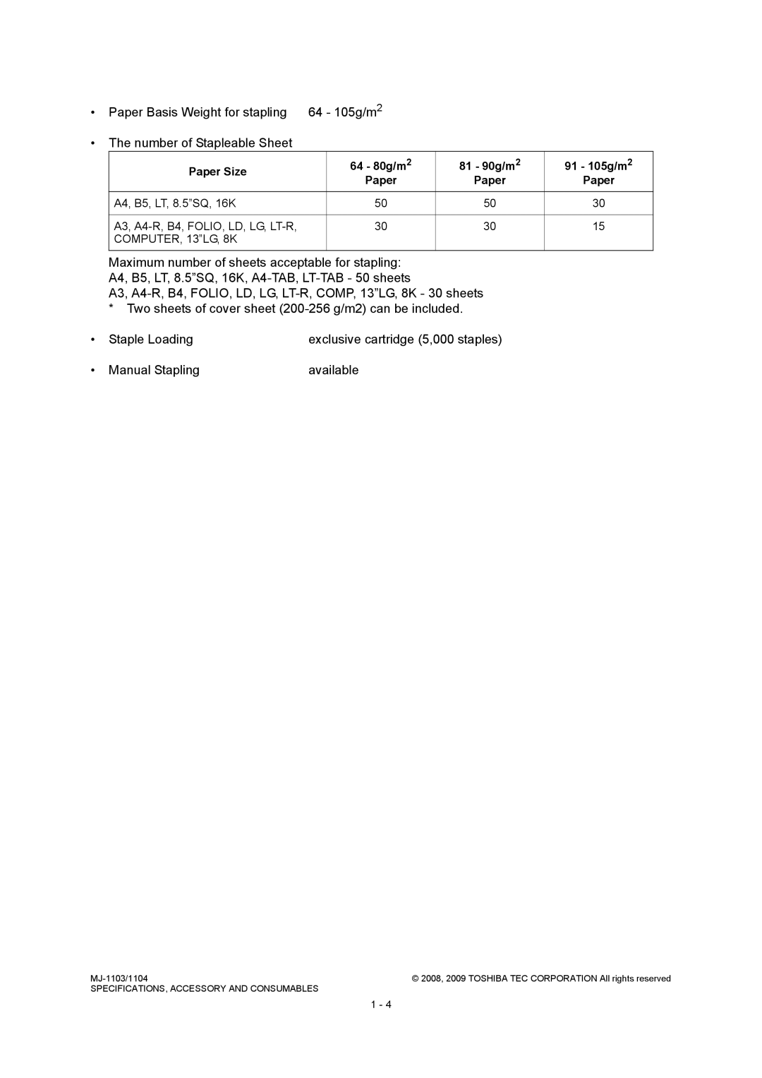 Toshiba MJ-1104, MJ-1103 service manual A4, B5, LT, 8.5SQ, 16K A3, A4-R, B4, FOLIO, LD, LG, LT-R 