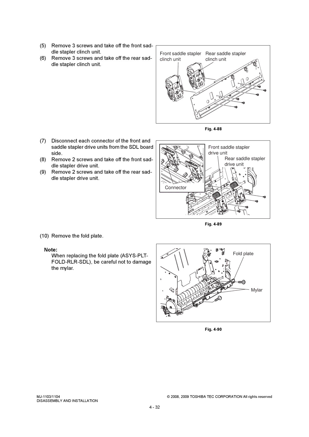 Toshiba MJ-1104, MJ-1103 service manual Front saddle stapler, Fold plate, Mylar 